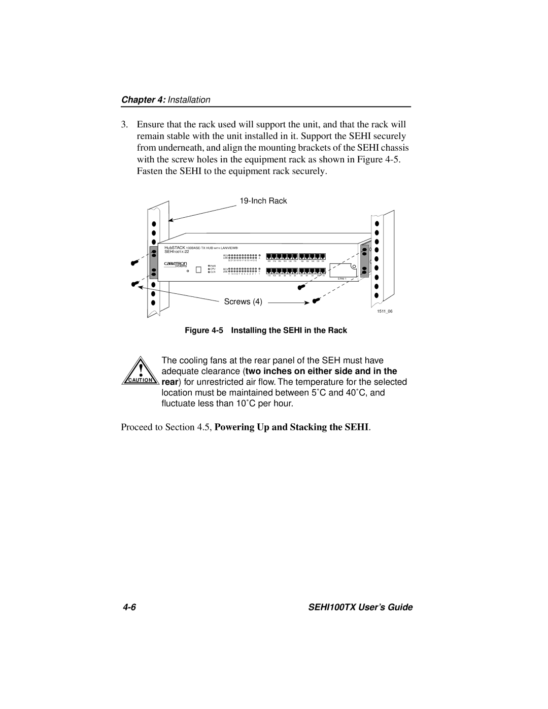 Cabletron Systems SEHI100TX manual Installing the Sehi in the Rack 