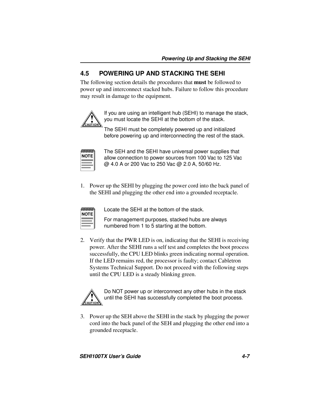 Cabletron Systems SEHI100TX manual Powering UP and Stacking the Sehi 