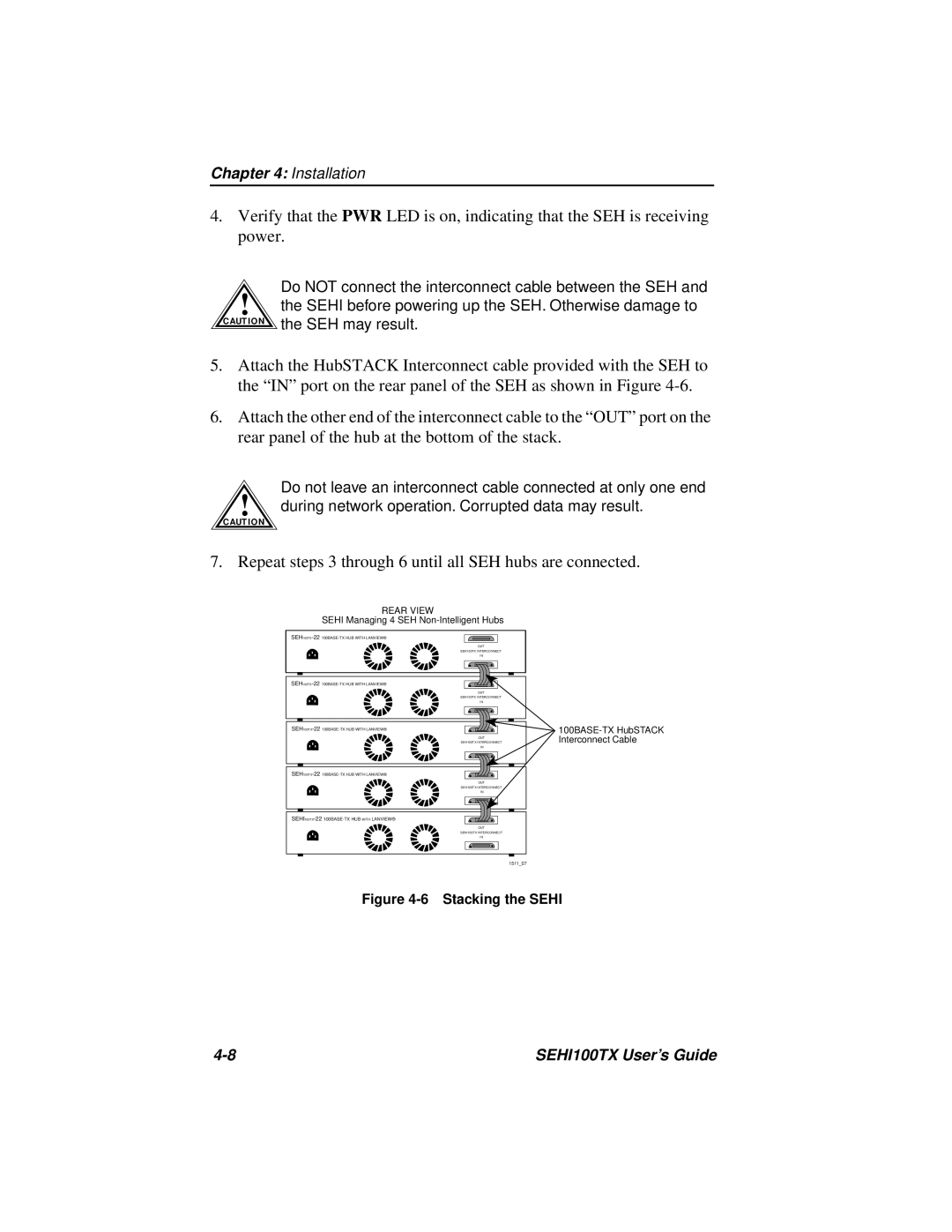 Cabletron Systems SEHI100TX manual Repeat steps 3 through 6 until all SEH hubs are connected 