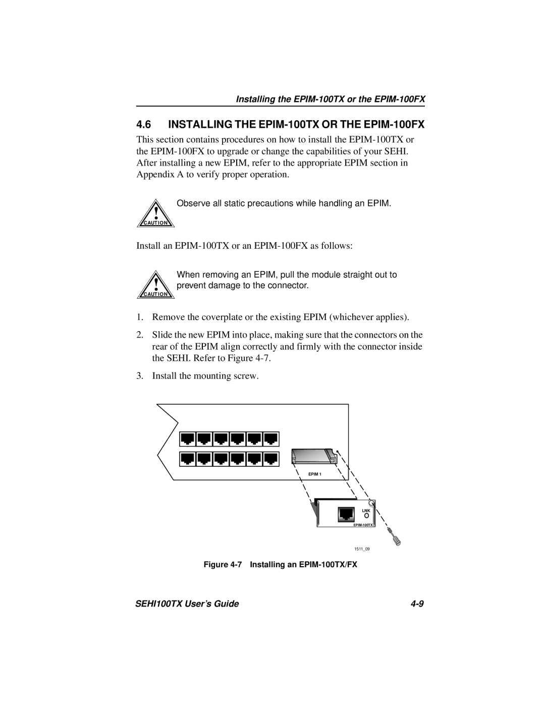 Cabletron Systems SEHI100TX Installing the EPIM-100TX or the EPIM-100FX, Install an EPIM-100TX or an EPIM-100FX as follows 