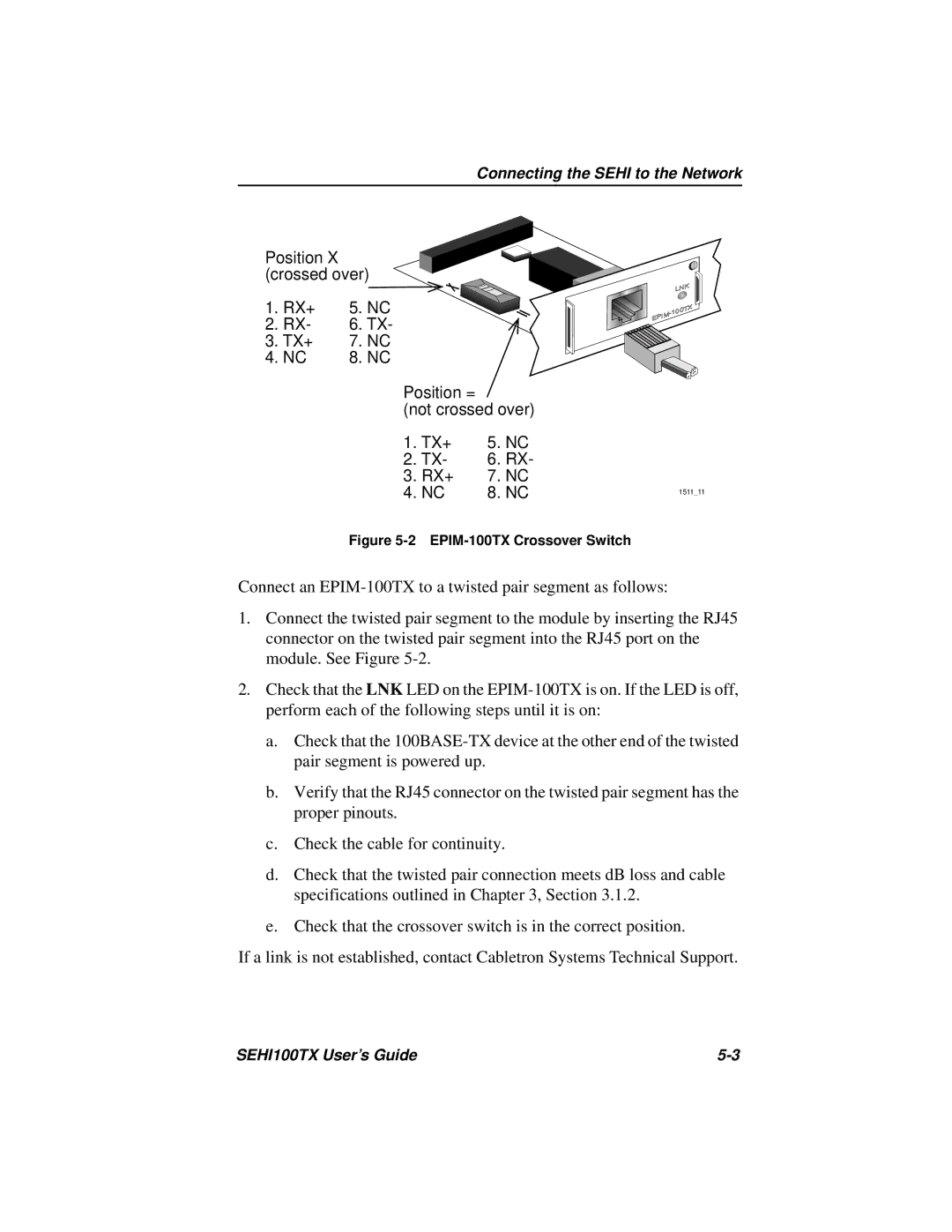 Cabletron Systems SEHI100TX manual Position X crossed over RX+ TX+ Position = Not crossed over 