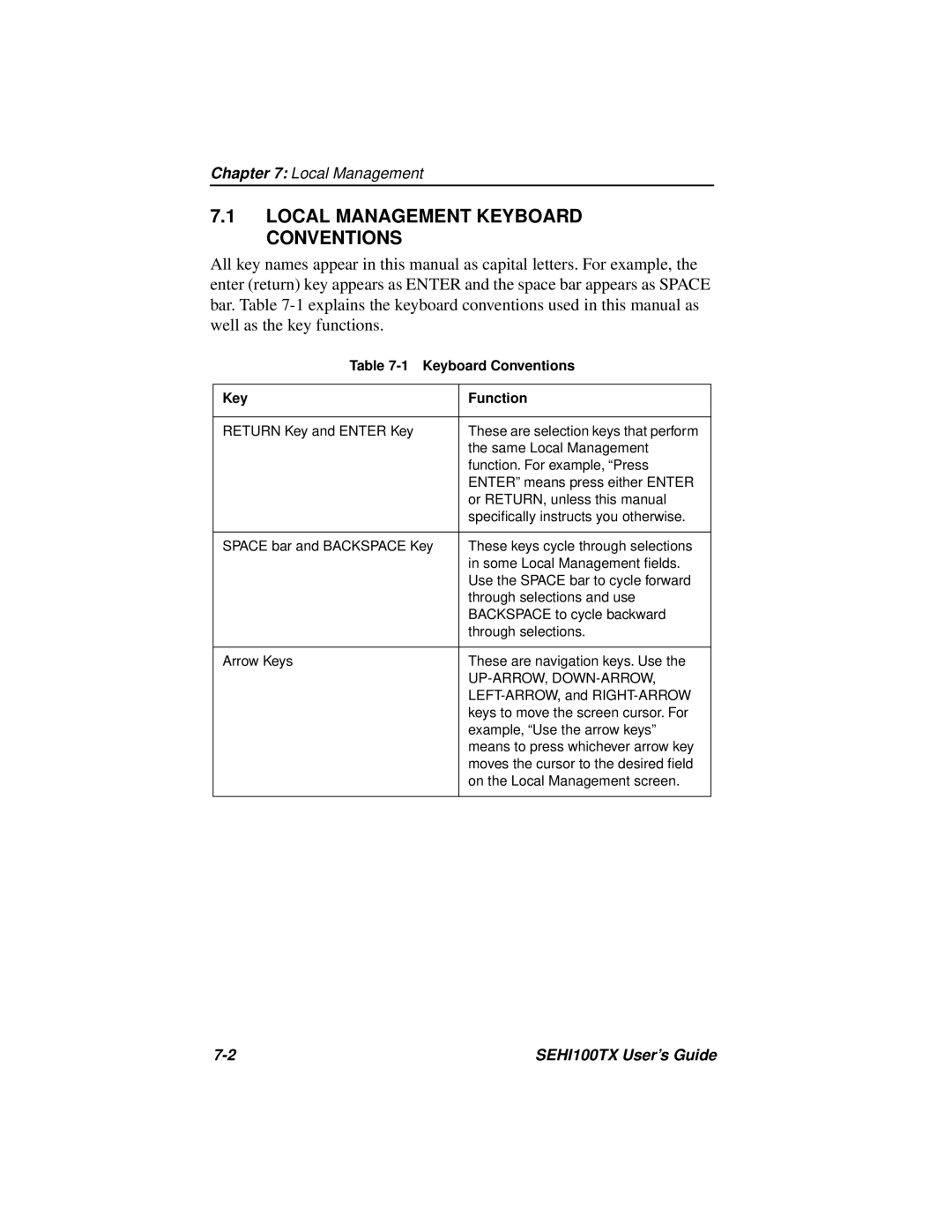 Cabletron Systems SEHI100TX manual Local Management Keyboard Conventions, Keyboard Conventions Function 