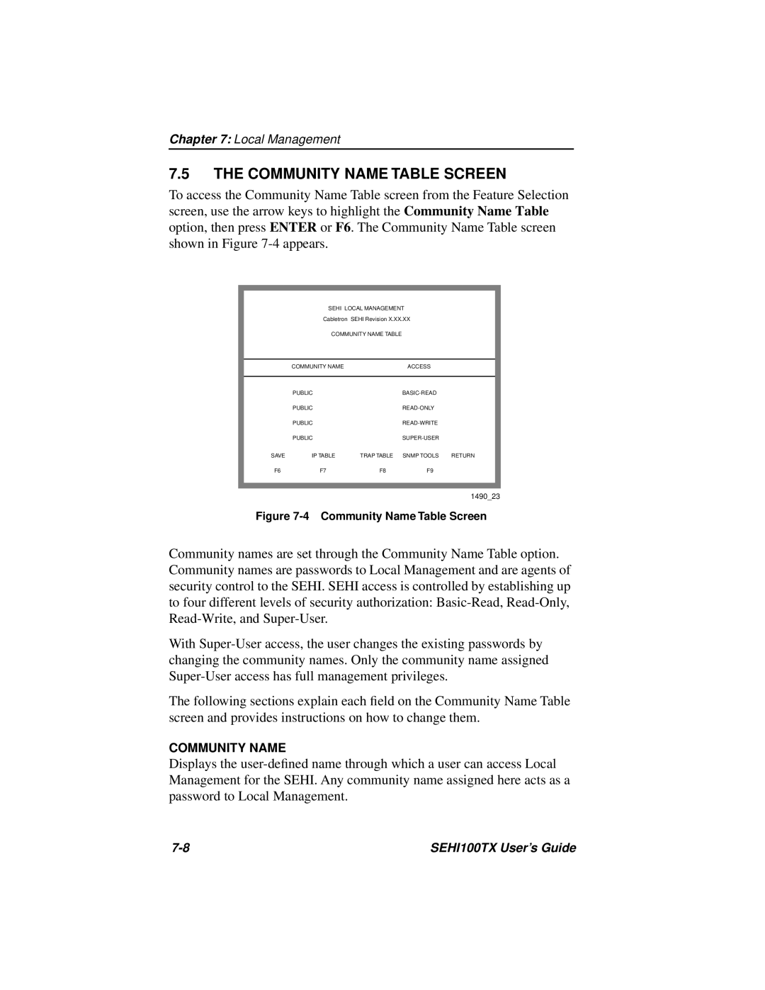 Cabletron Systems SEHI100TX manual Community Name Table Screen 