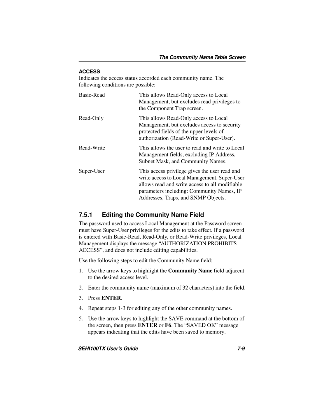 Cabletron Systems SEHI100TX manual Editing the Community Name Field 