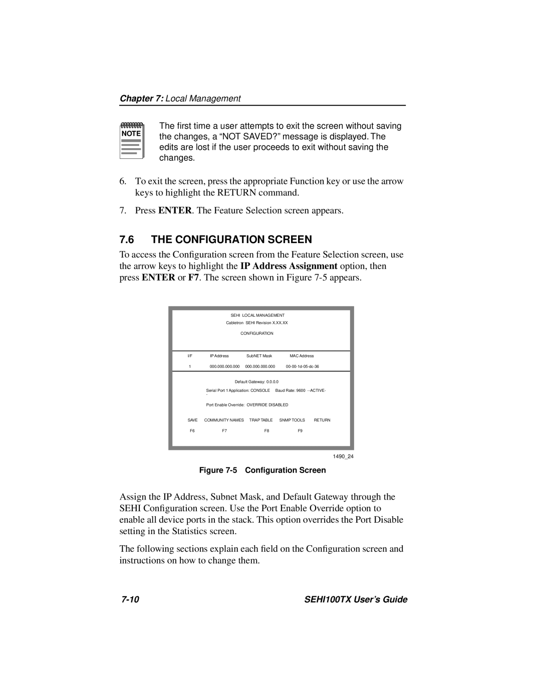 Cabletron Systems SEHI100TX manual Configuration Screen 