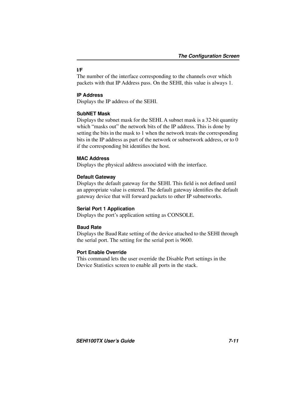 Cabletron Systems SEHI100TX manual Displays the IP address of the Sehi 