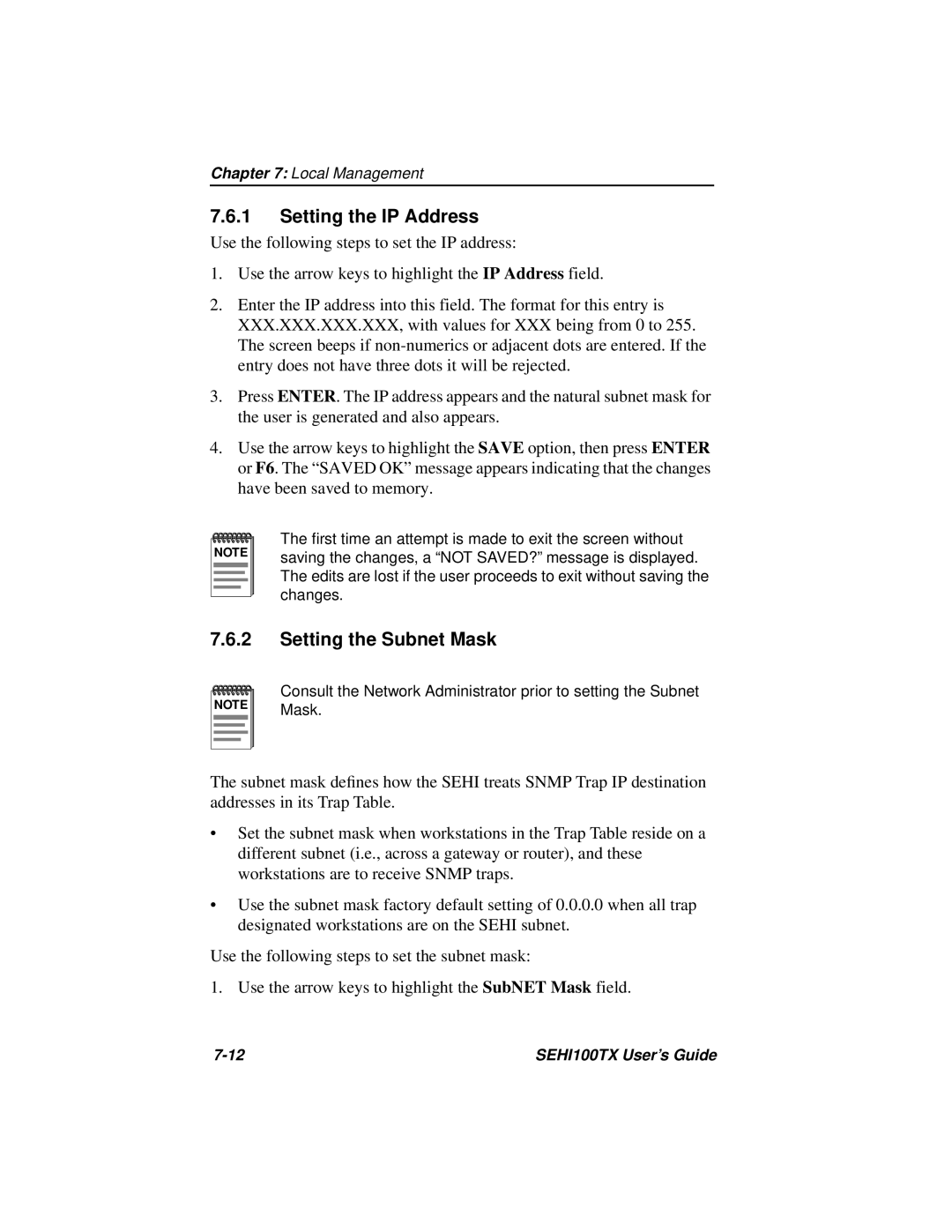 Cabletron Systems SEHI100TX manual Setting the IP Address, Setting the Subnet Mask 