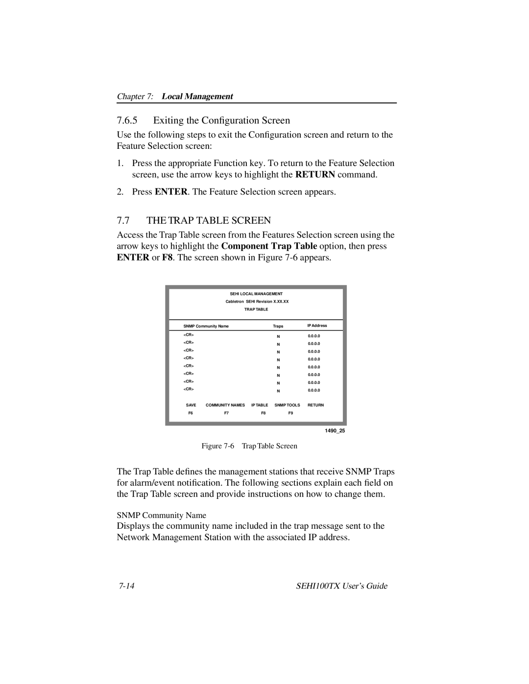 Cabletron Systems SEHI100TX manual Exiting the Conﬁguration Screen, Trap Table Screen 