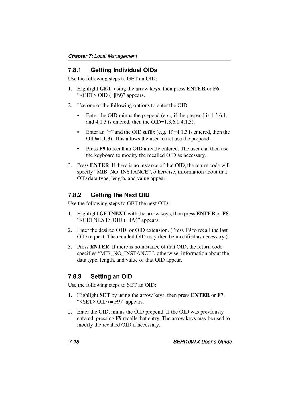 Cabletron Systems SEHI100TX manual Getting Individual OIDs, Getting the Next OID, Setting an OID 