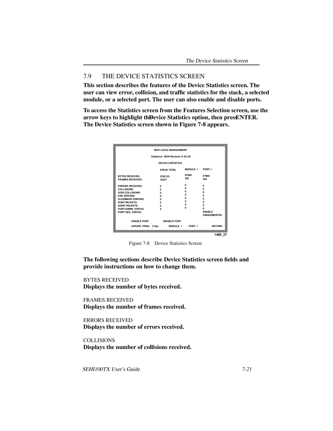 Cabletron Systems SEHI100TX manual Device Statistics Screen 