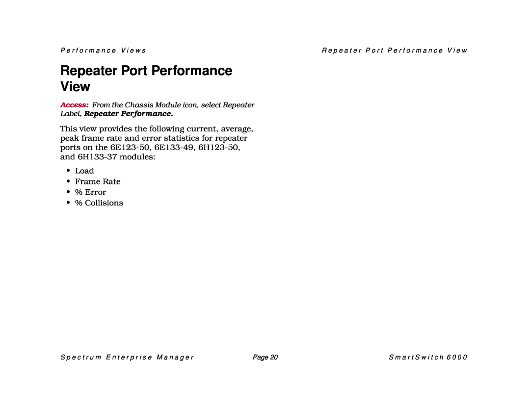 Cabletron Systems 1088 Repeater Port Performance View, Label, Repeater Performance, P e r f o r m a n c e V i e w s, Page 