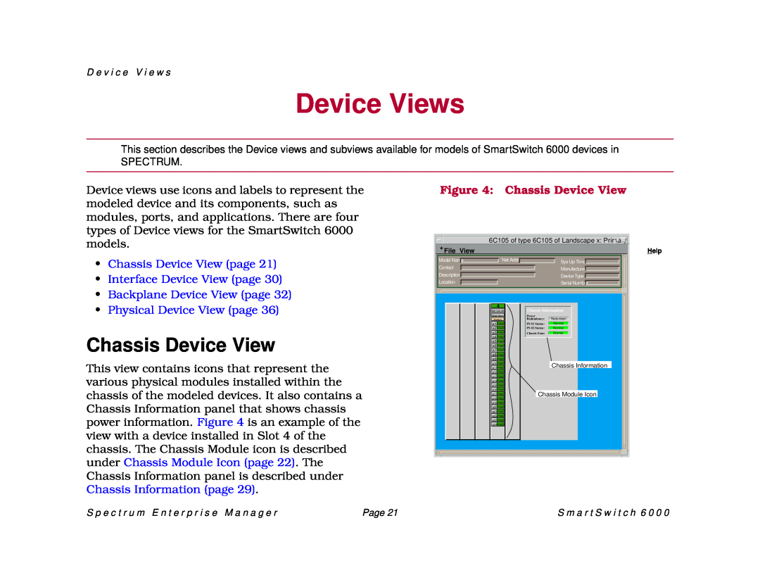 Cabletron Systems 1082, SM-CSI1076, 1088 manual Device Views, Chassis Device View page Interface Device View page 