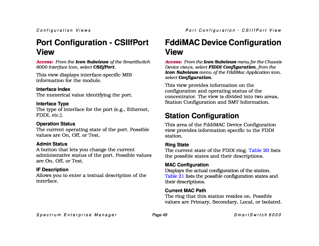 Cabletron Systems SM-CSI1076 Port Configuration - CSIIfPort View, FddiMAC Device Configuration View, Station Configuration 