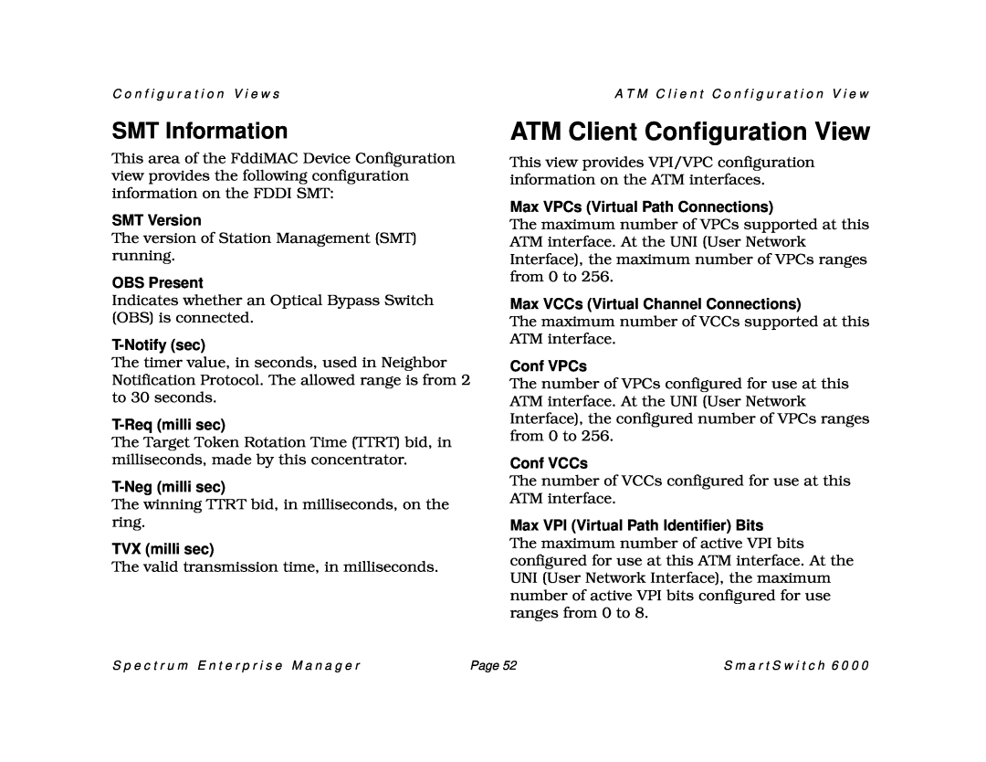 Cabletron Systems SM-CSI1076, 1088 ATM Client Configuration View, SMT Information, SMT Version, OBS Present, T-Notify sec 