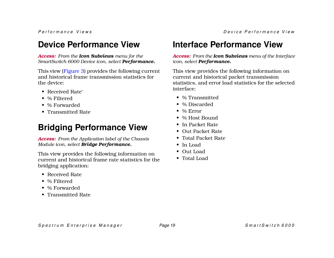 Cabletron Systems SM-CSI1076, 1088, 1082 Device Performance View, Bridging Performance View, Interface Performance View 