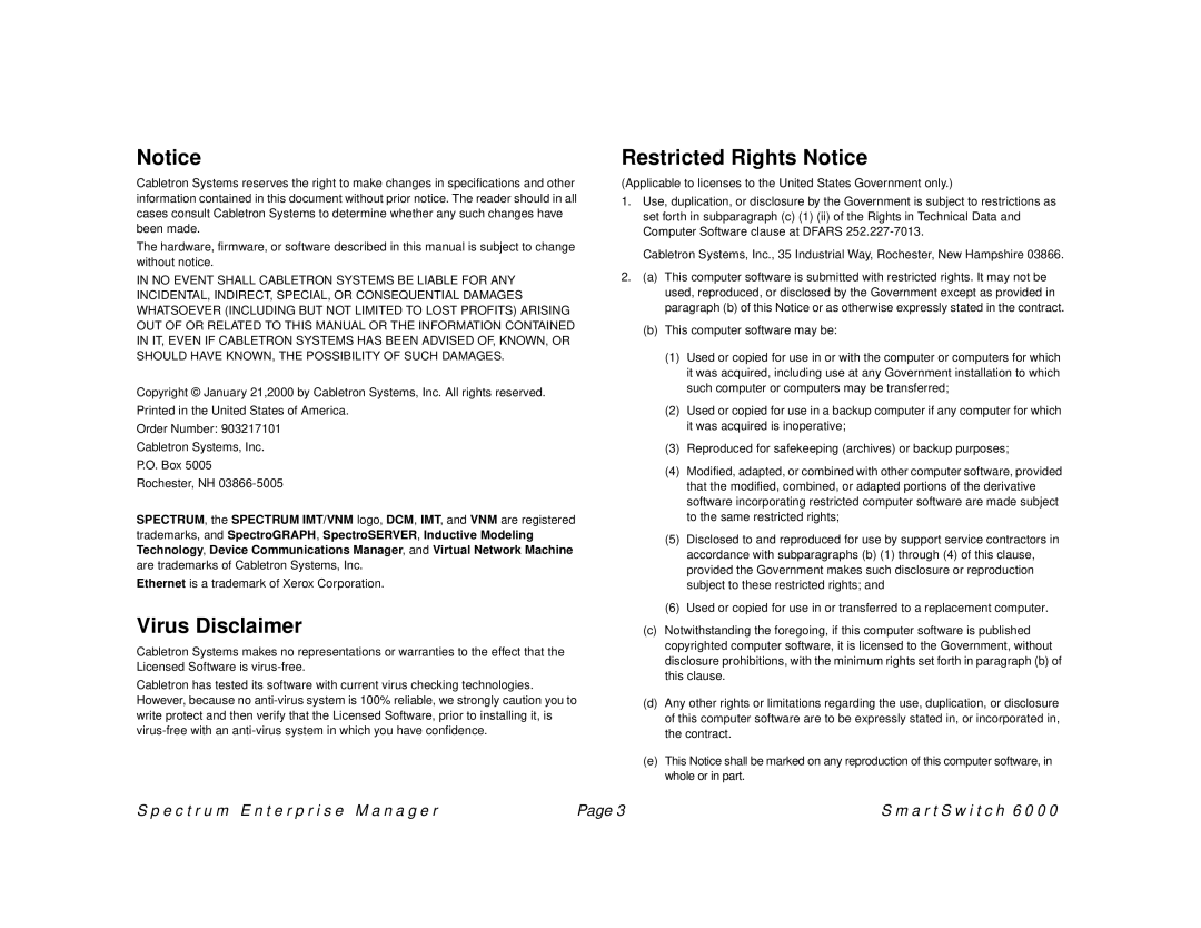 Cabletron Systems 1082, SM-CSI1076, 1088 manual Virus Disclaimer 