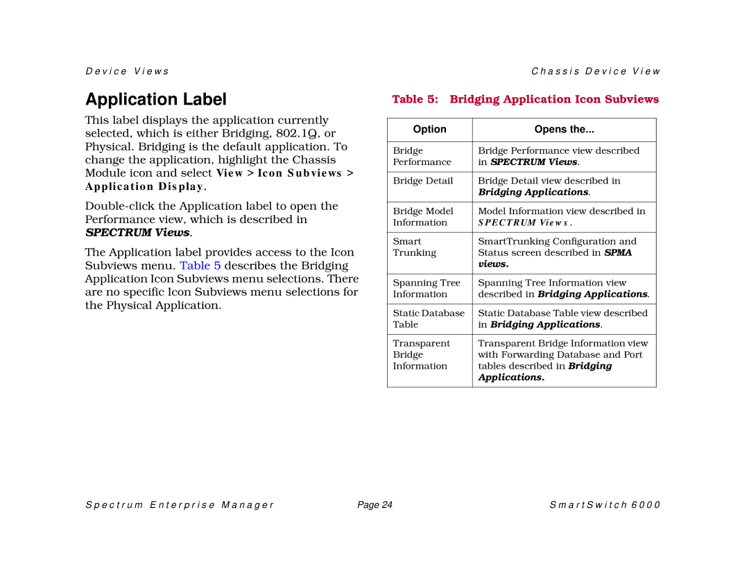 Cabletron Systems 1082, SM-CSI1076, 1088 manual Application Label, Bridging Application Icon Subviews, Option Opens 