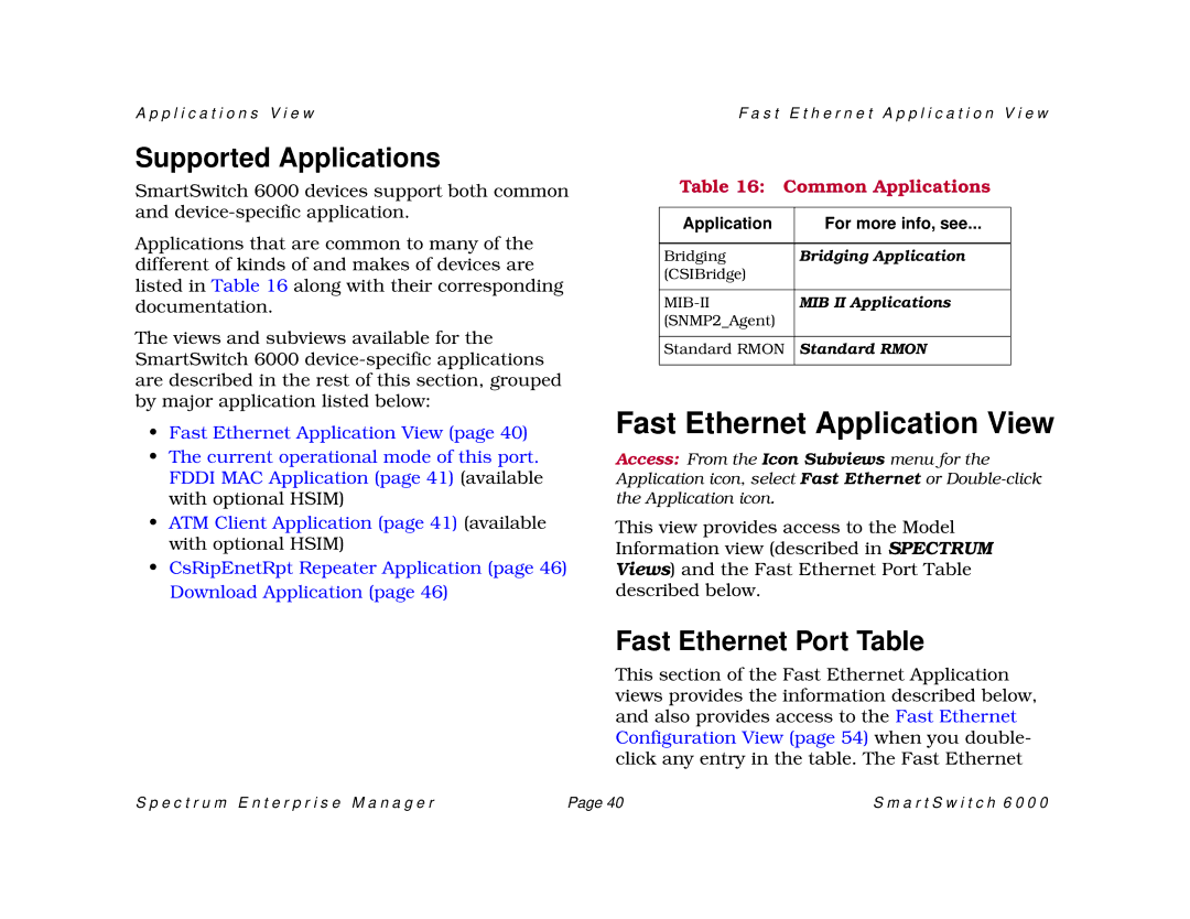 Cabletron Systems SM-CSI1076, 1088, 1082 Fast Ethernet Application View, Supported Applications, Fast Ethernet Port Table 