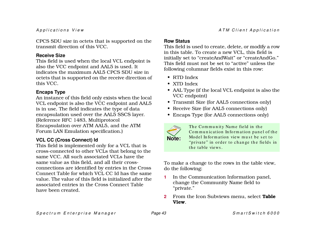 Cabletron Systems SM-CSI1076, 1088, 1082 manual Receive Size, Encaps Type, VCL CC Cross Connect Id, Row Status 