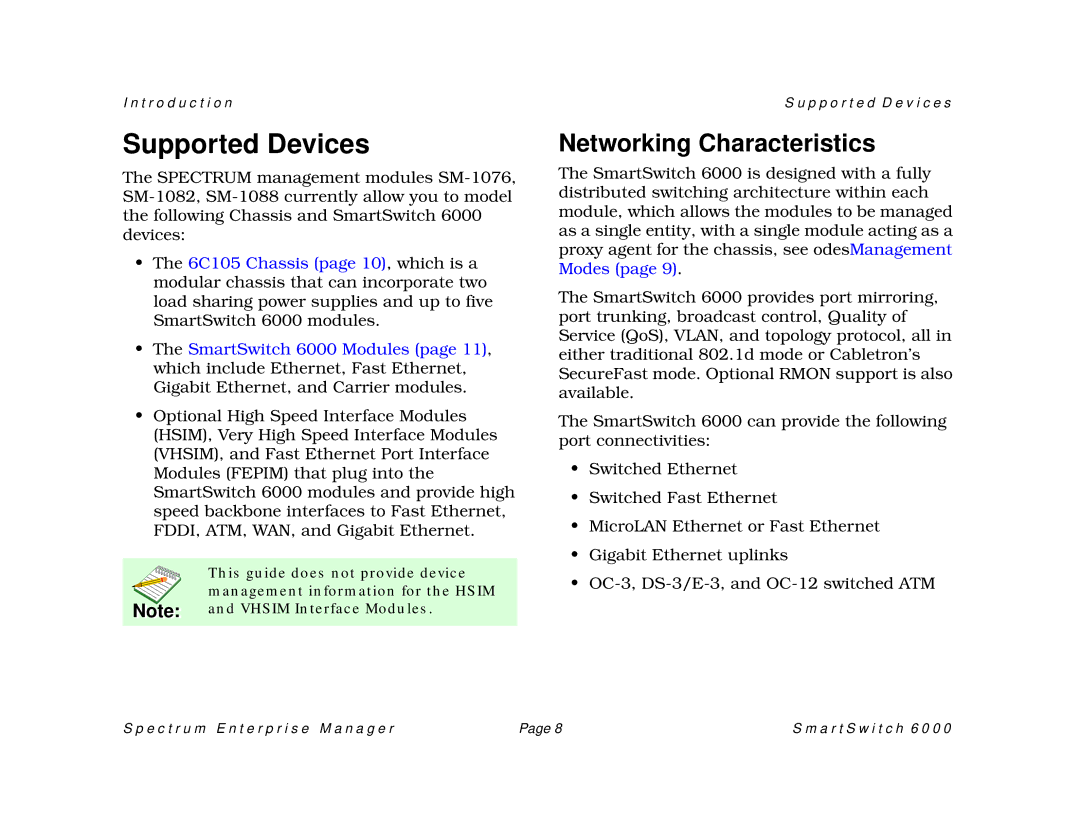 Cabletron Systems 1088, SM-CSI1076, 1082 manual Supported Devices, Networking Characteristics 