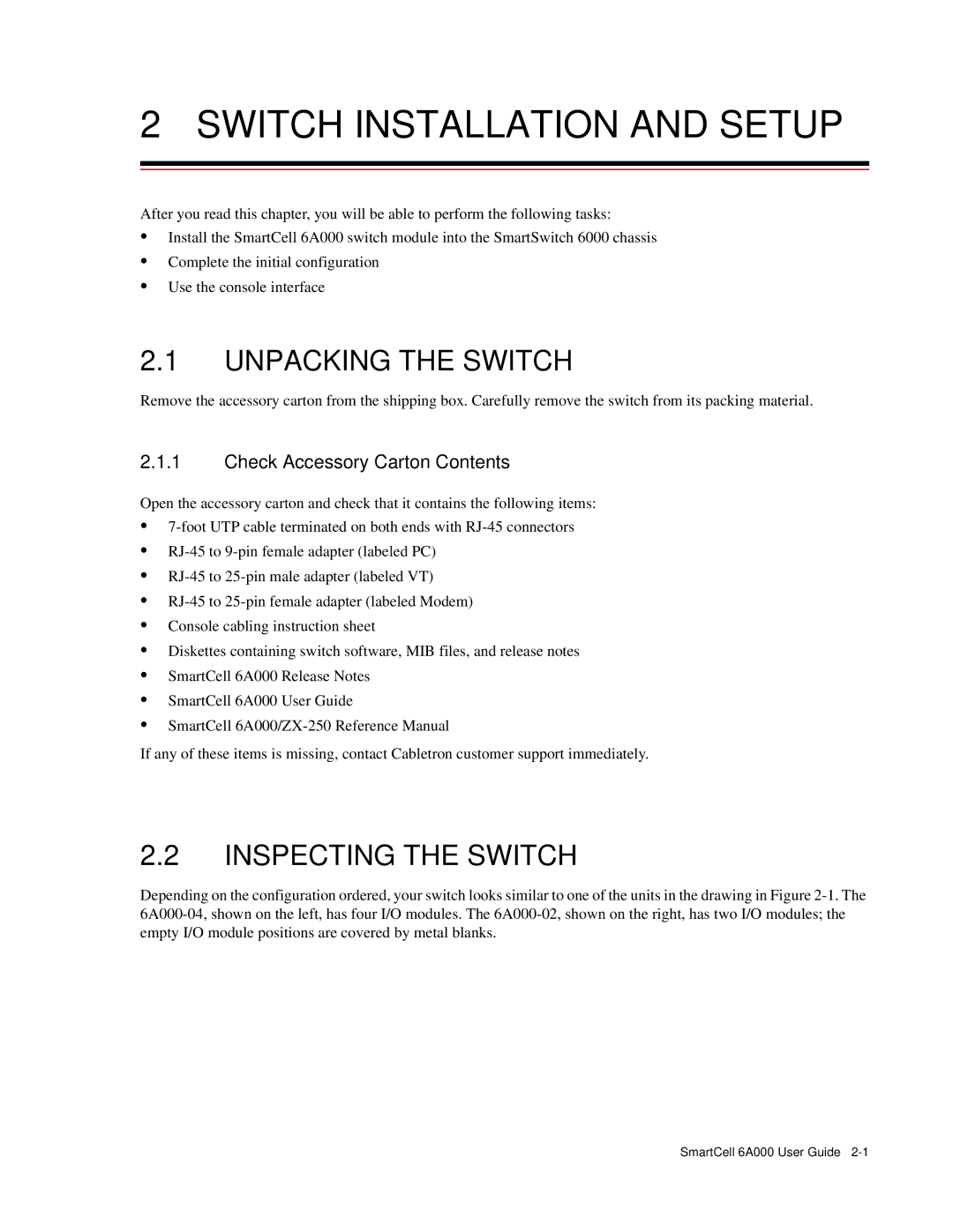 Cabletron Systems SmartCell 6A000 manual Switch Installation and Setup, Unpacking the Switch, Inspecting the Switch 