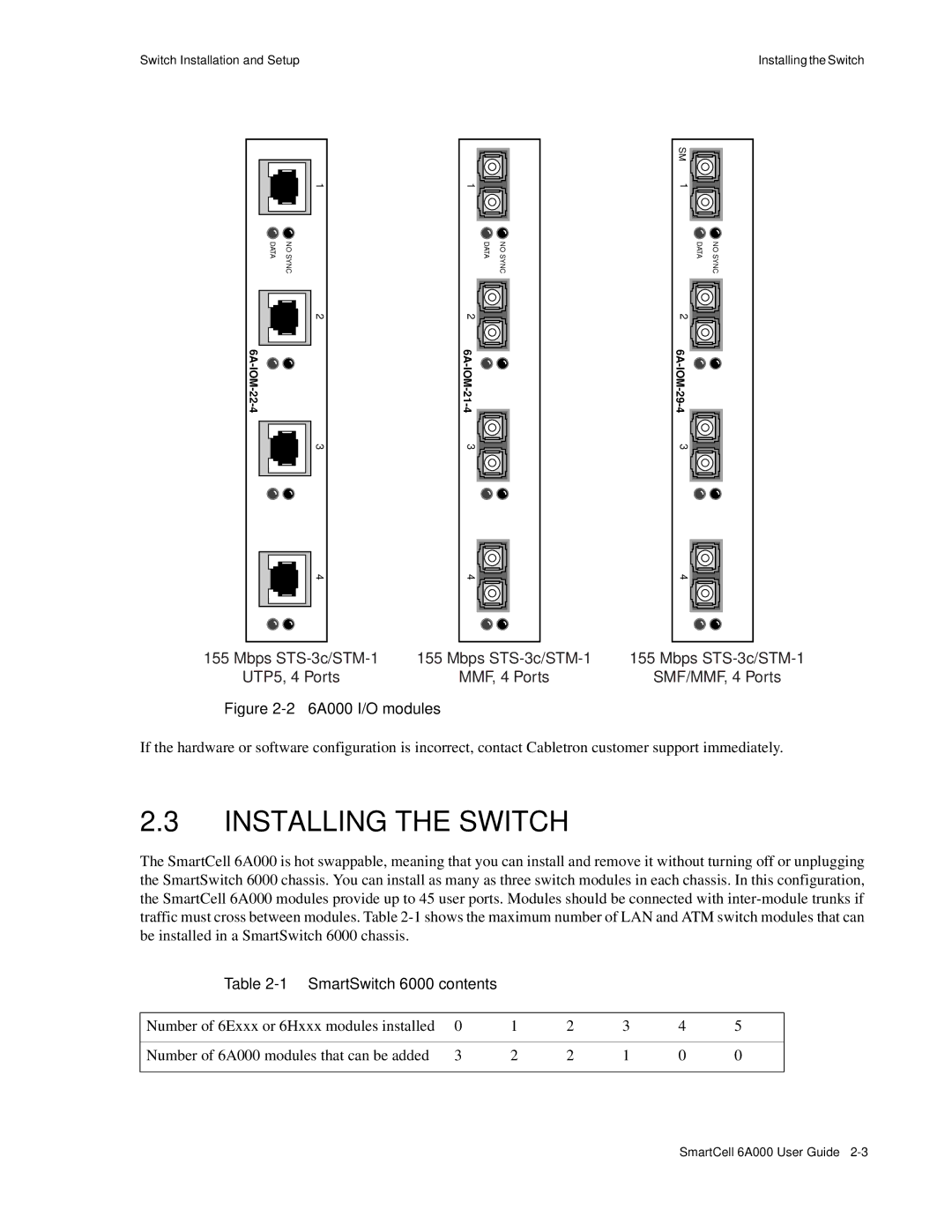 Cabletron Systems SmartCell 6A000 manual Installing the Switch, Mbps STS-3c/STM-1 UTP5, 4 Ports 