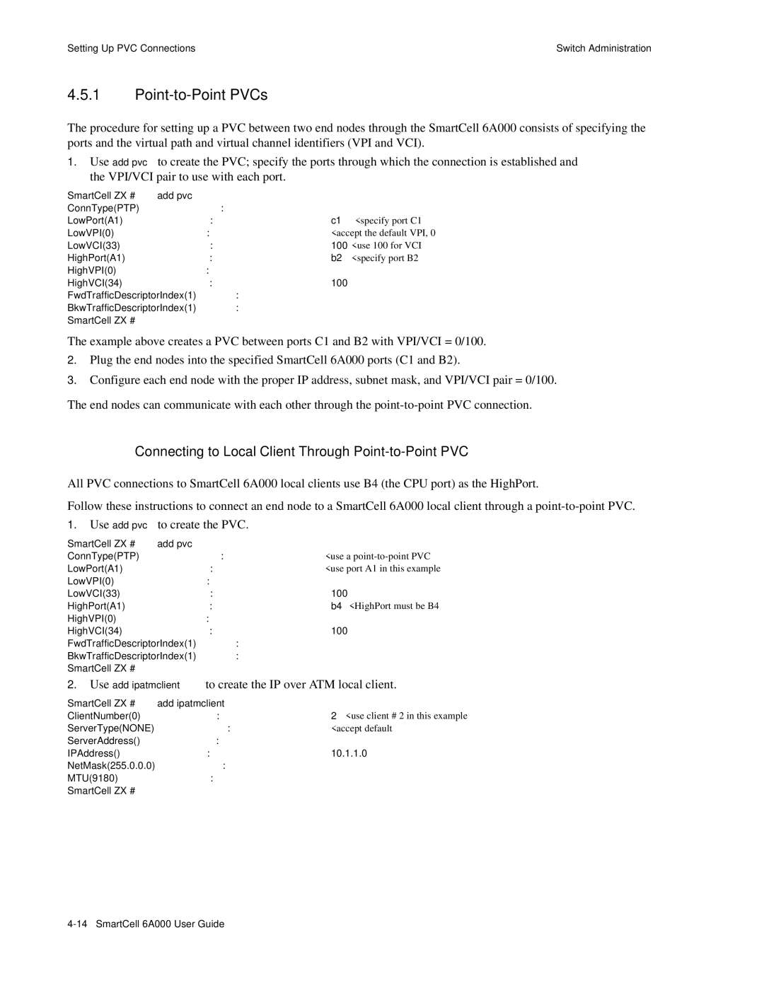 Cabletron Systems SmartCell 6A000 manual Point-to-Point PVCs, Connecting to Local Client Through Point-to-Point PVC, 100 