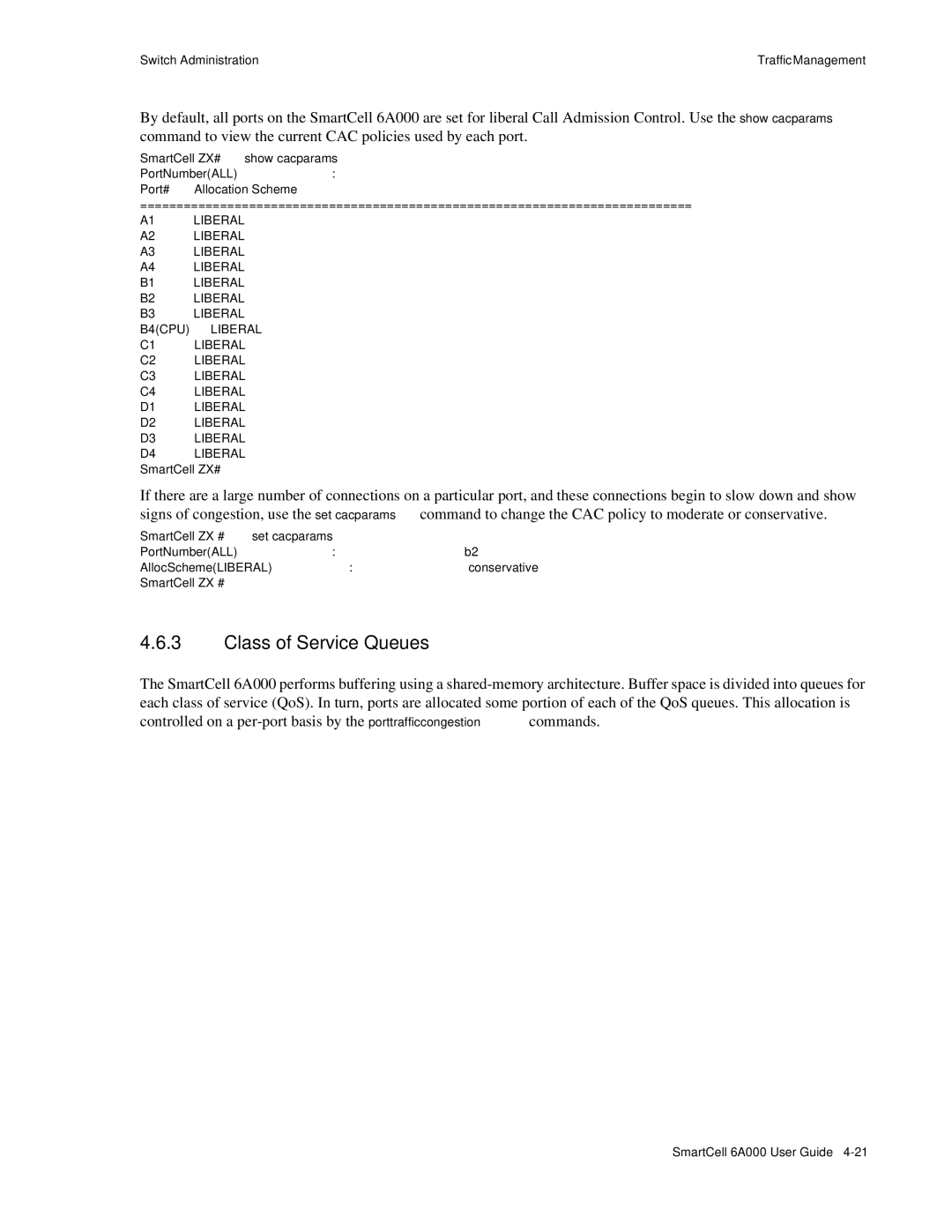 Cabletron Systems SmartCell 6A000 manual Class of Service Queues, # set cacparams 