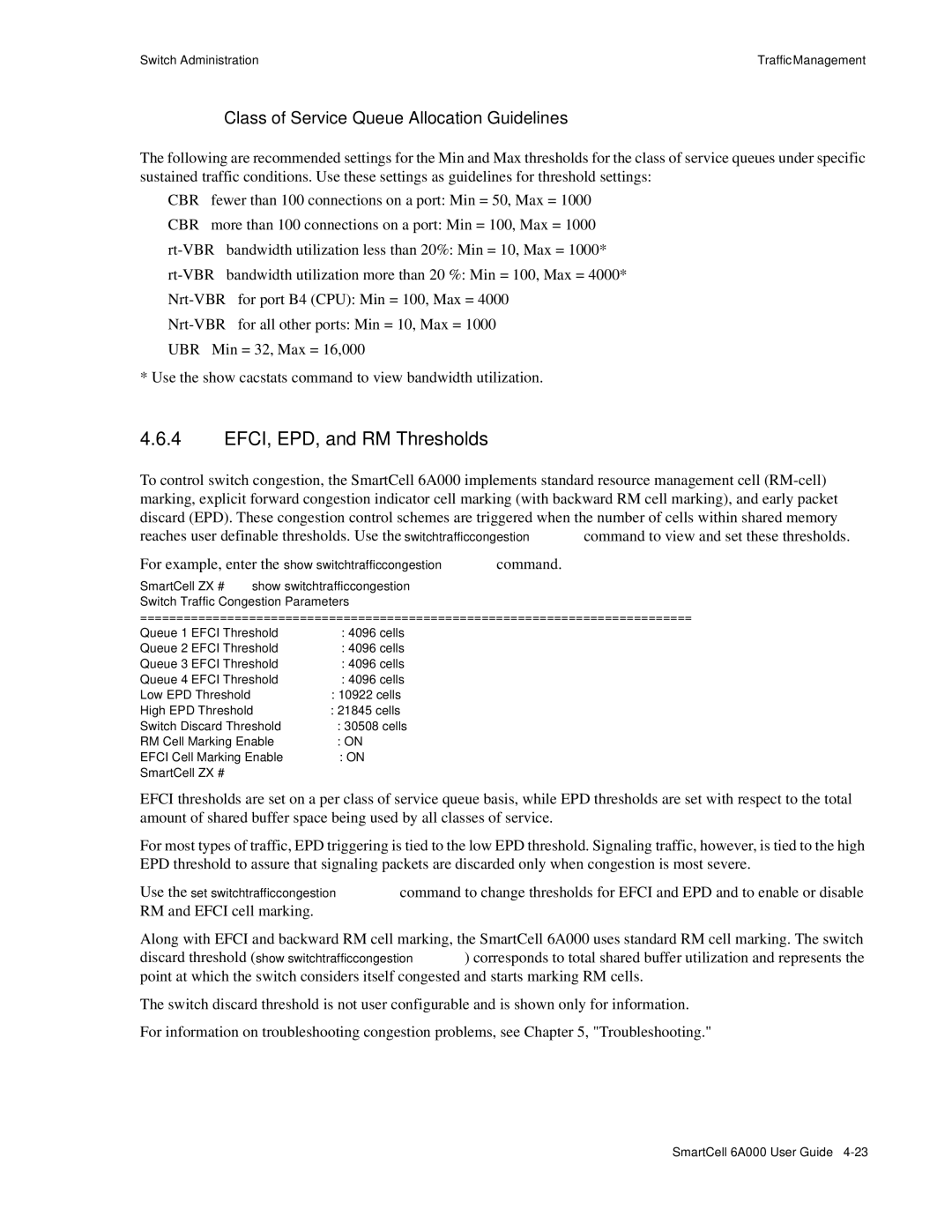 Cabletron Systems SmartCell 6A000 manual EFCI, EPD, and RM Thresholds, Class of Service Queue Allocation Guidelines 