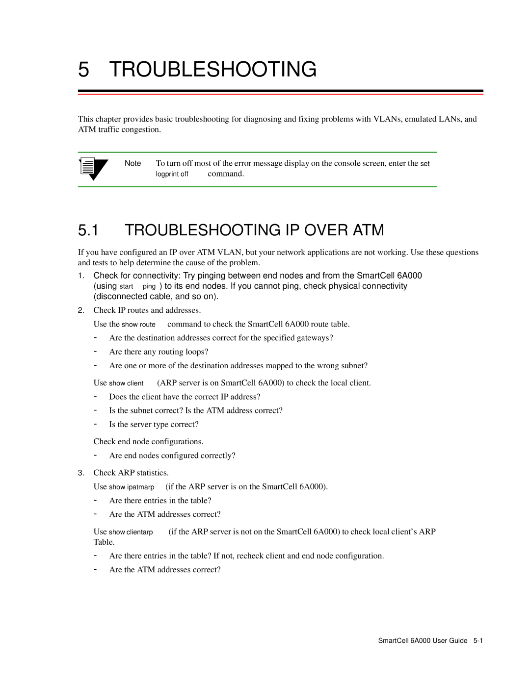 Cabletron Systems SmartCell 6A000 manual Troubleshooting IP Over ATM, Logprint off command 