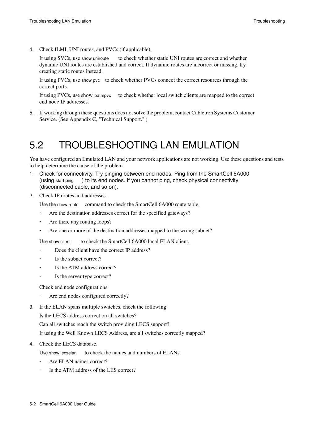 Cabletron Systems SmartCell 6A000 manual Troubleshooting LAN Emulation 