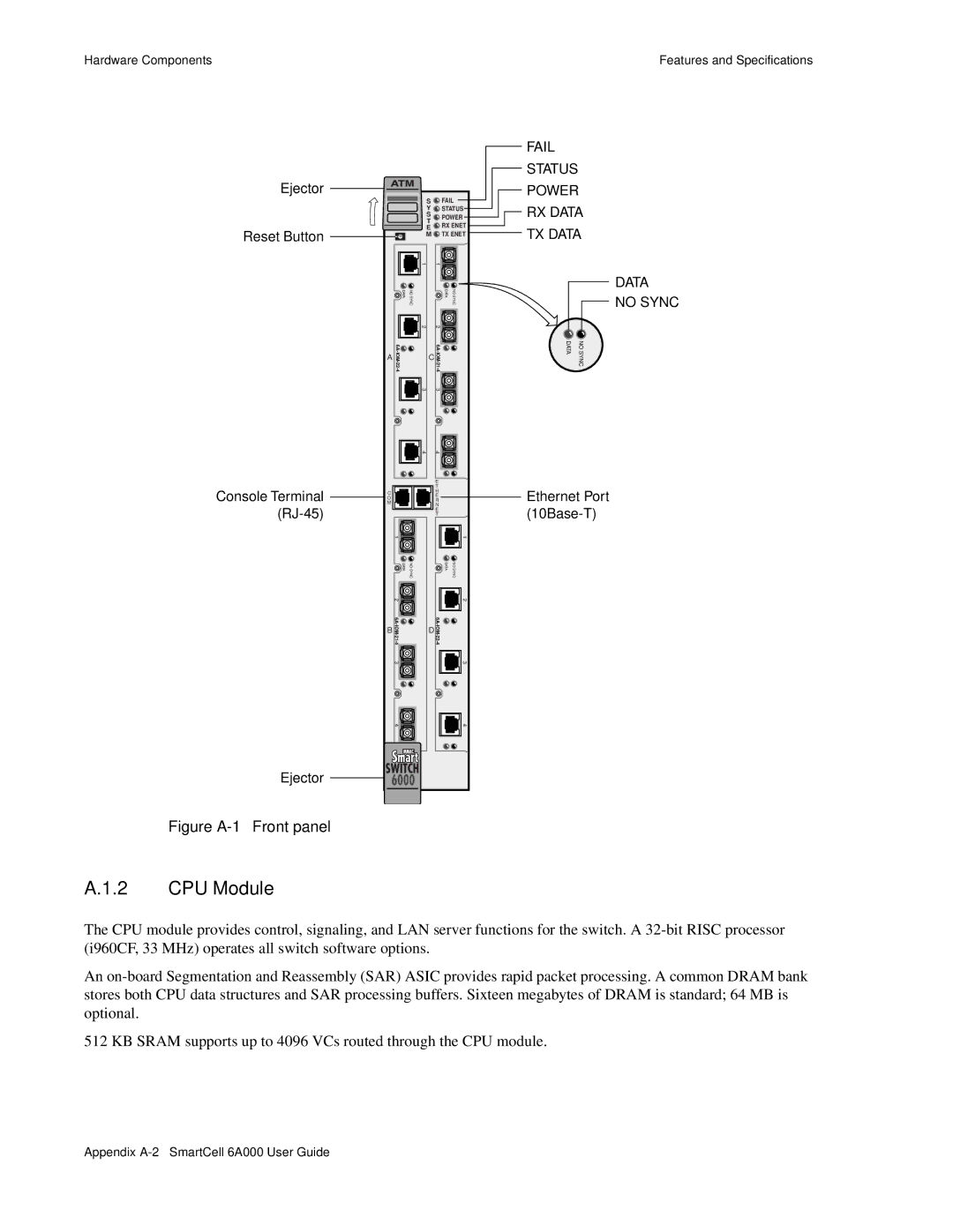 Cabletron Systems SmartCell 6A000 manual CPU Module, Figure A-1 Front panel 