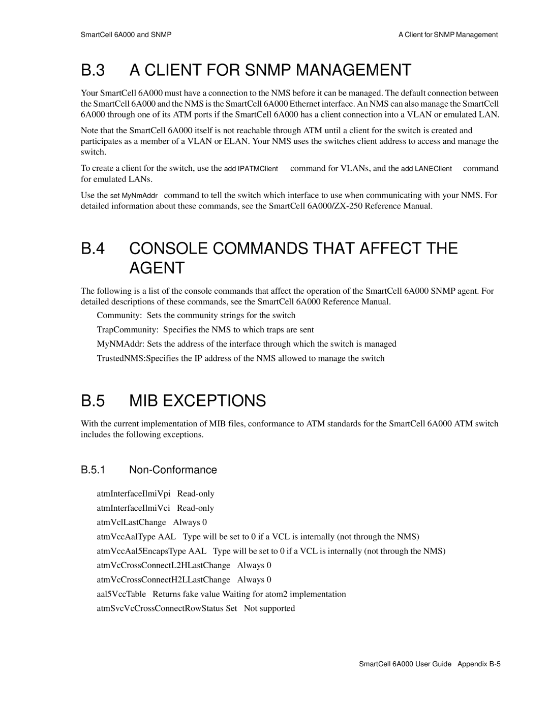 Cabletron Systems SmartCell 6A000 manual Client for Snmp Management, Console Commands That Affect the Agent, MIB Exceptions 