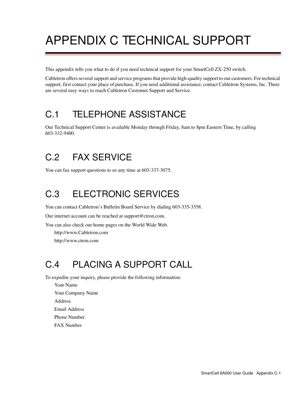 Cabletron Systems SmartCell 6A000 Appendix C Technical Support, Telephone Assistance, FAX Service, Electronic Services 