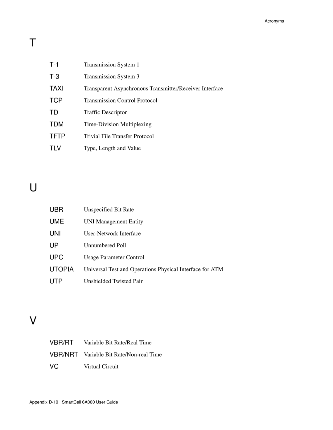 Cabletron Systems SmartCell 6A000 manual Taxi, Tcp, Tdm, Tftp, Tlv, Ubr, Ume, Uni, Upc, Utopia, Utp, Vbr/Rt, Vbr/Nrt 