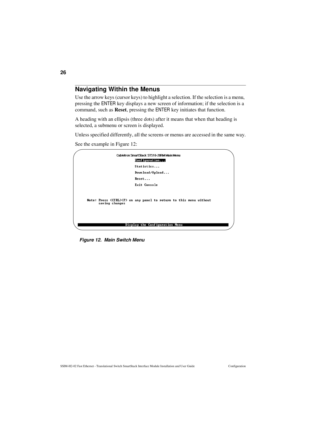 Cabletron Systems SSIM-H2-02 manual Navigating Within the Menus, Main Switch Menu 