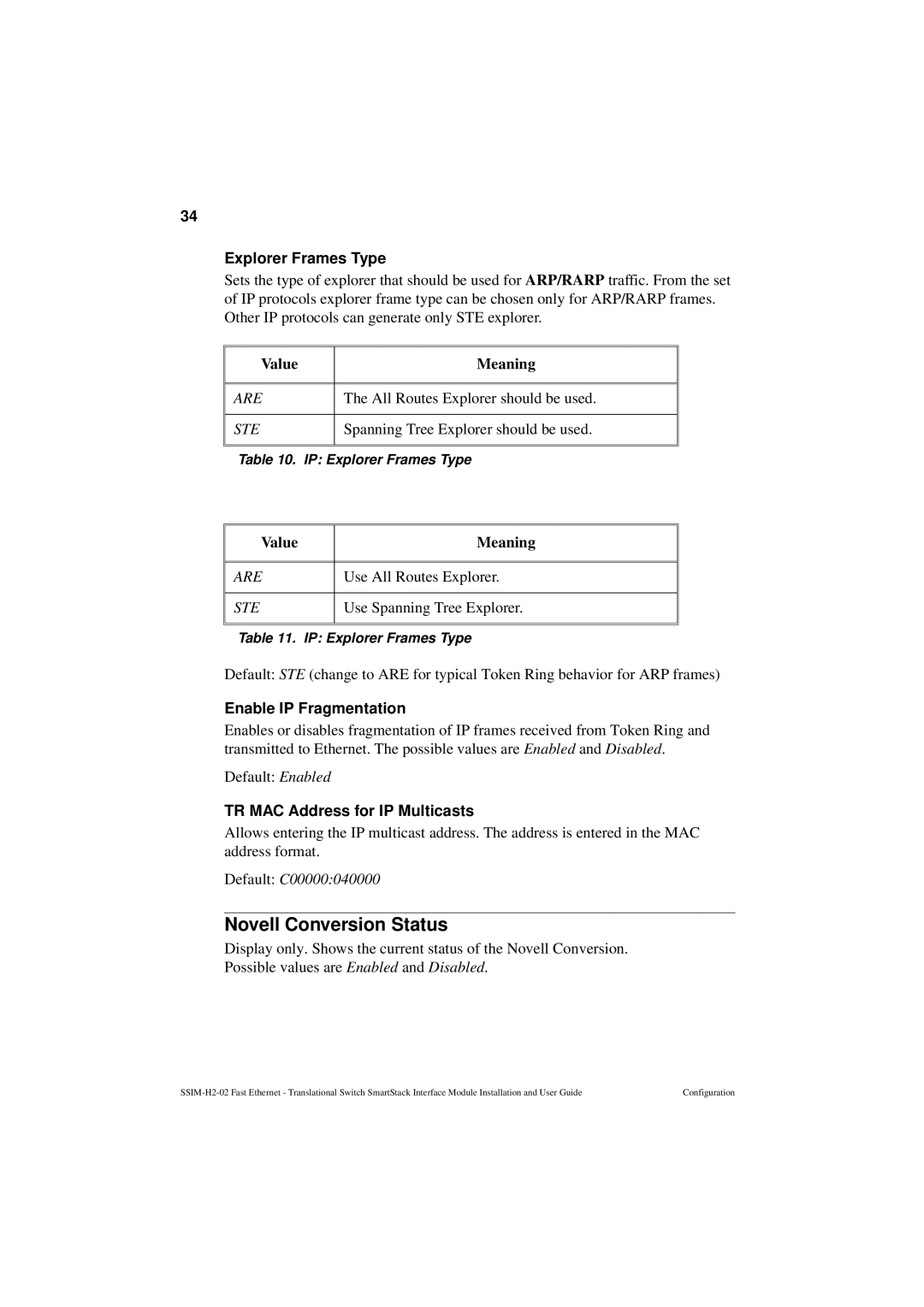 Cabletron Systems SSIM-H2-02 manual Novell Conversion Status, Explorer Frames Type, Enable IP Fragmentation 