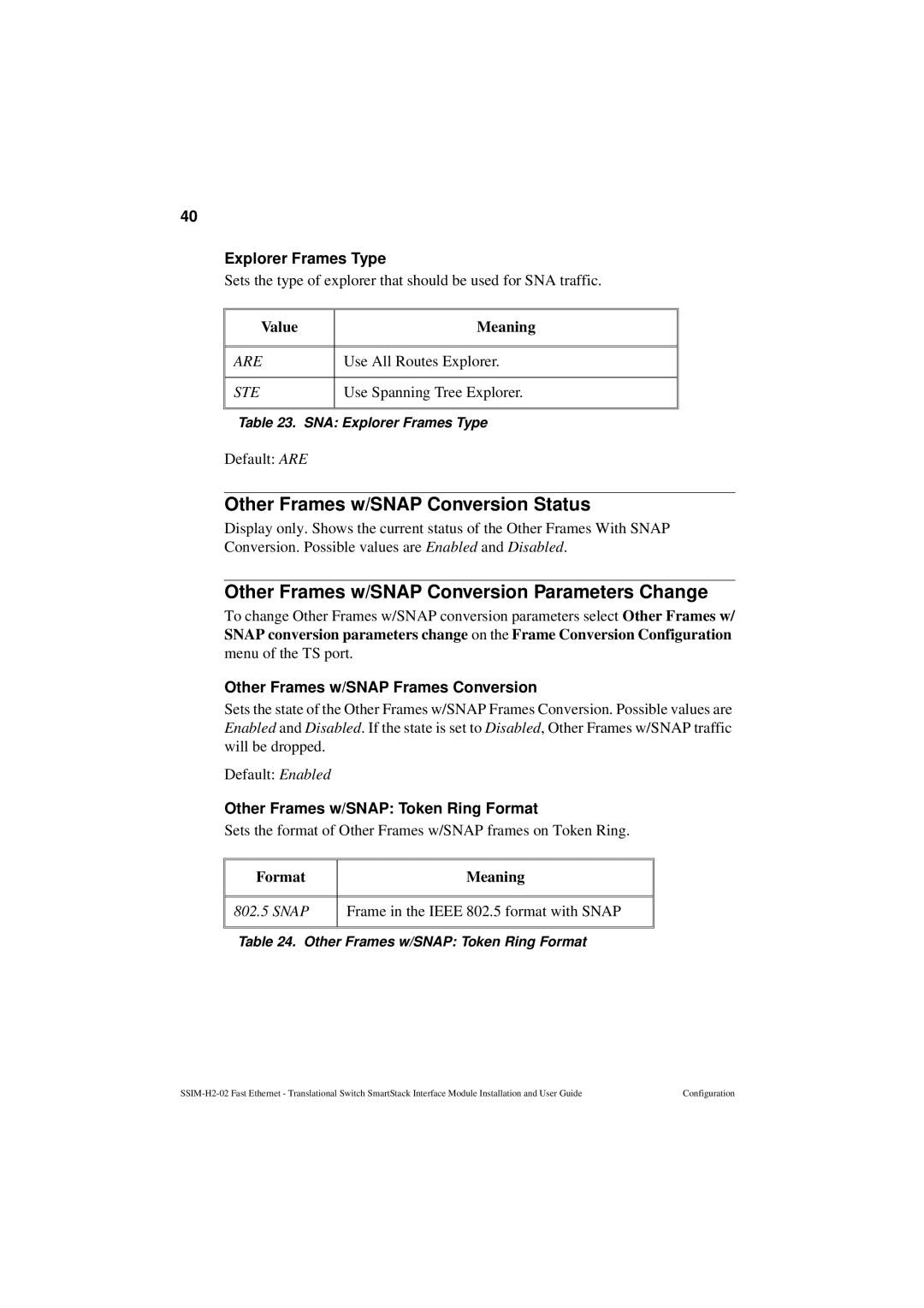 Cabletron Systems SSIM-H2-02 manual Other Frames w/SNAP Conversion Status, Other Frames w/SNAP Conversion Parameters Change 