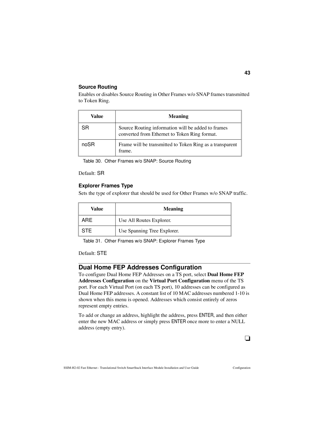 Cabletron Systems SSIM-H2-02 manual Dual Home FEP Addresses Configuration, Default STE 