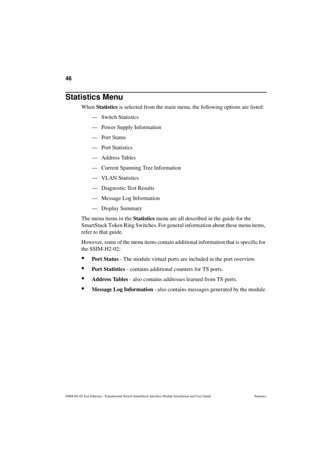 Cabletron Systems SSIM-H2-02 manual Statistics Menu 