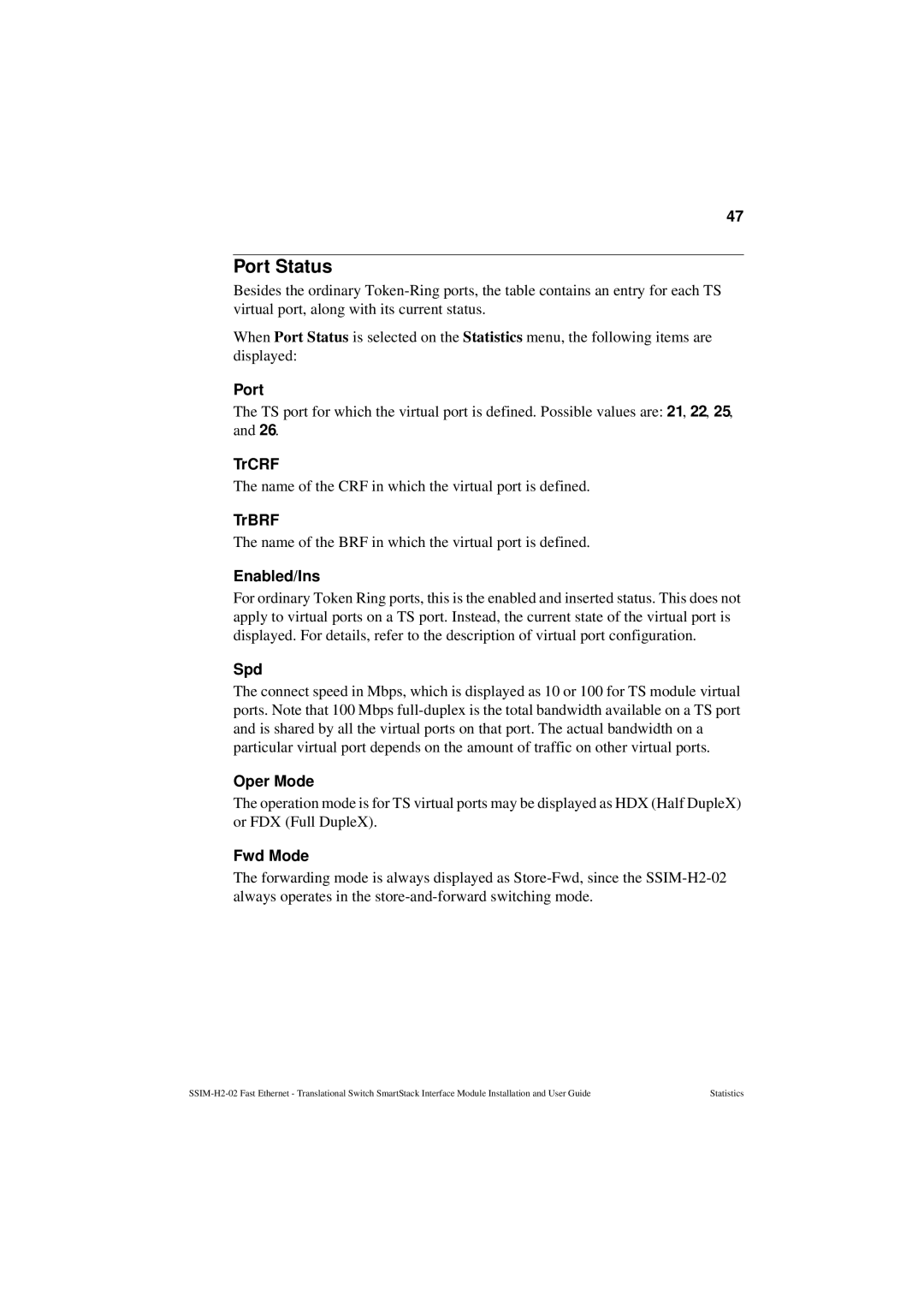 Cabletron Systems SSIM-H2-02 manual Port Status 