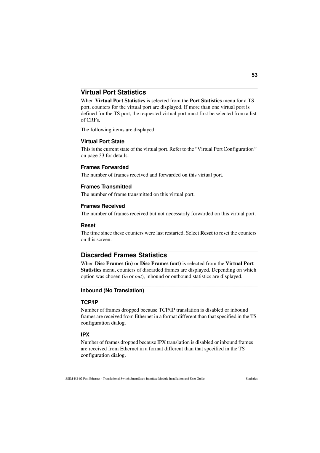 Cabletron Systems SSIM-H2-02 Virtual Port Statistics, Discarded Frames Statistics, Virtual Port State, Frames Forwarded 