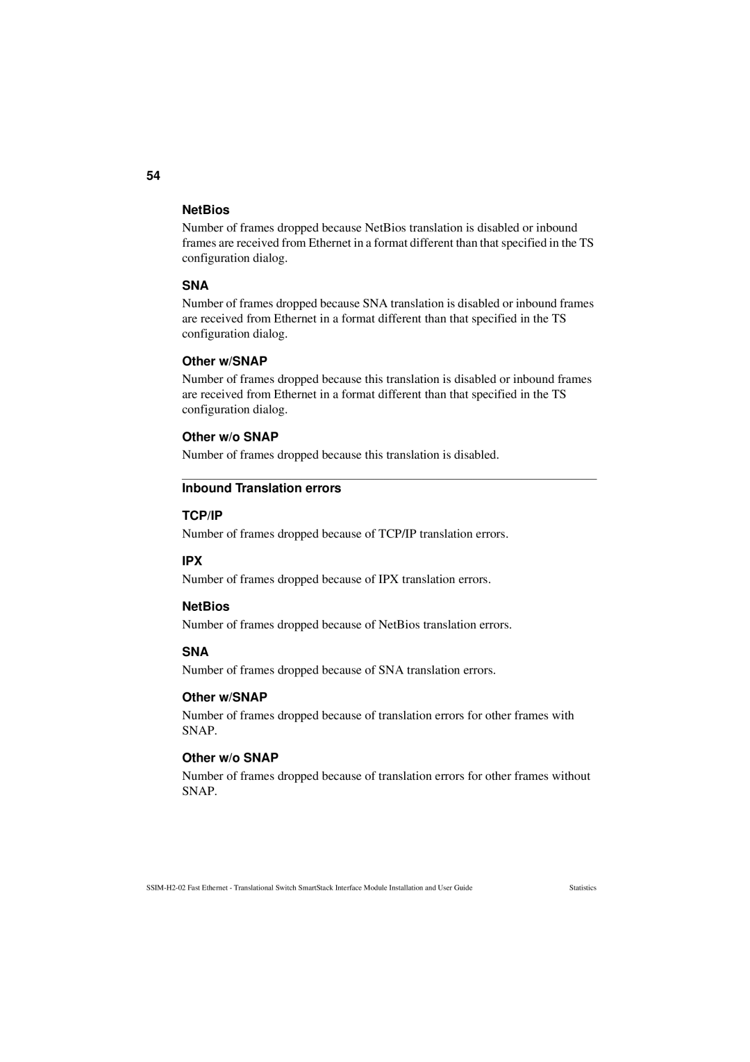 Cabletron Systems SSIM-H2-02 manual NetBios, Other w/SNAP, Other w/o Snap, Inbound Translation errors 