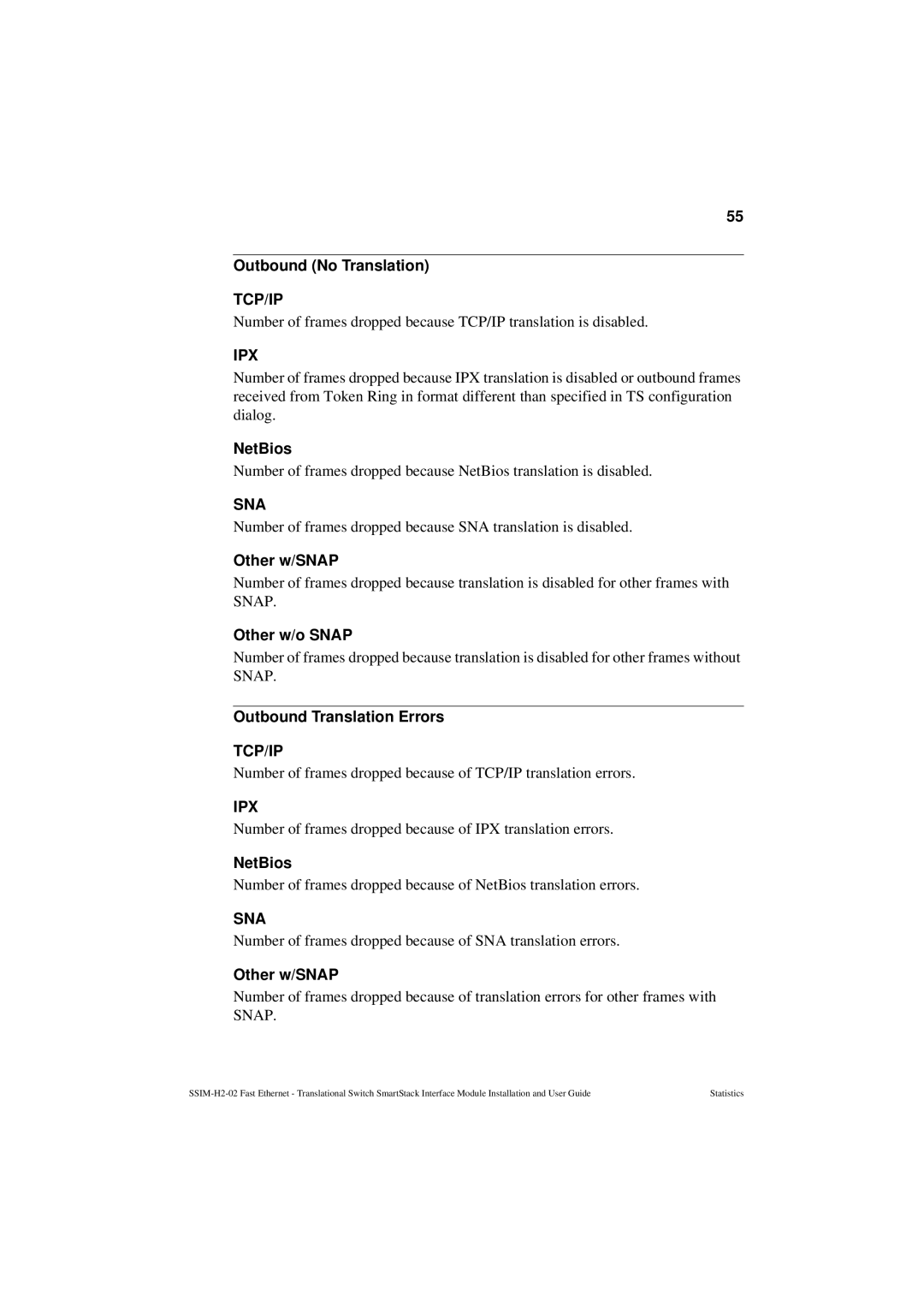 Cabletron Systems SSIM-H2-02 manual Outbound No Translation, Outbound Translation Errors 