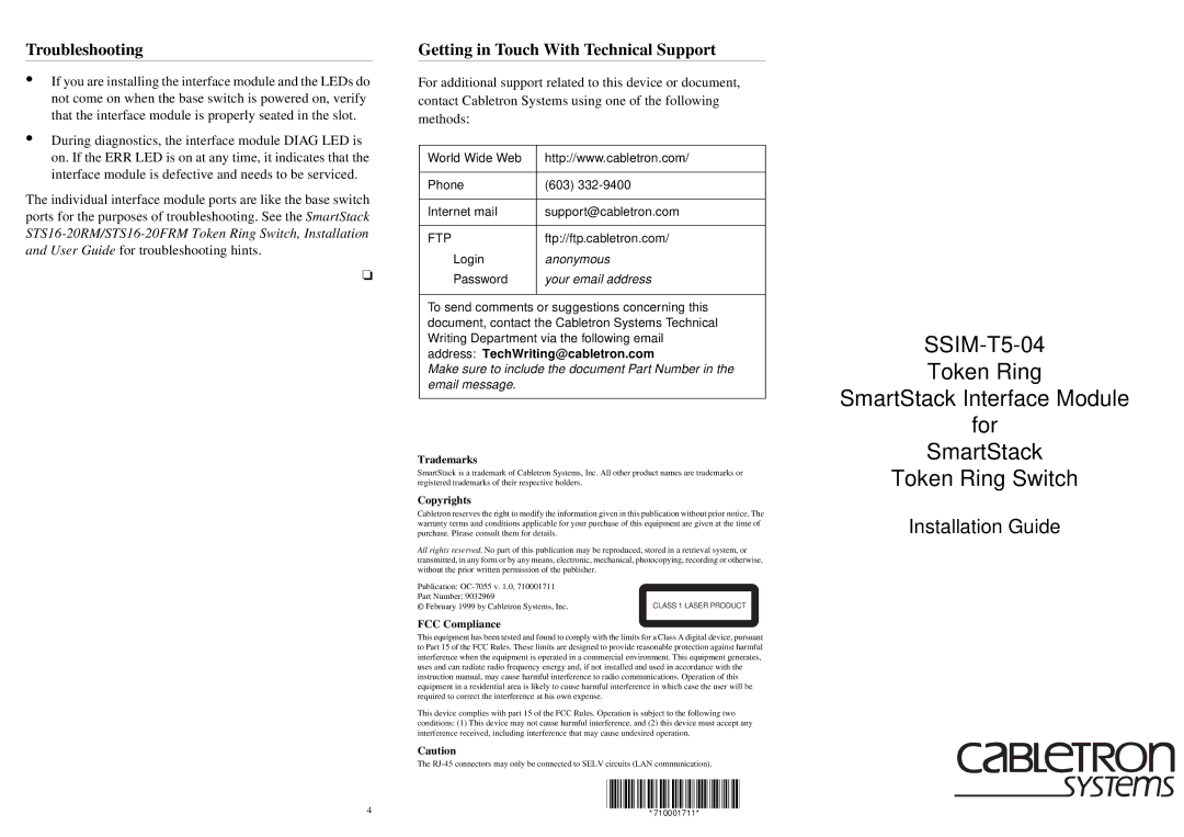 Cabletron Systems SSIM-T5-04 Troubleshooting, Getting in Touch With Technical Support, Trademarks, Copyrights 