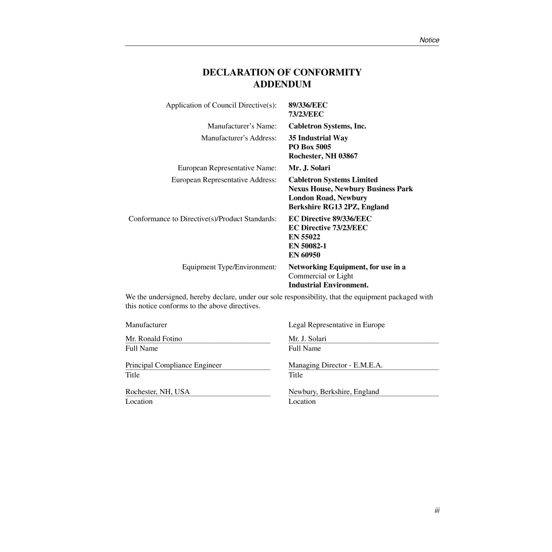 Cabletron Systems STH-24 manual Declaration of Conformity Addendum 