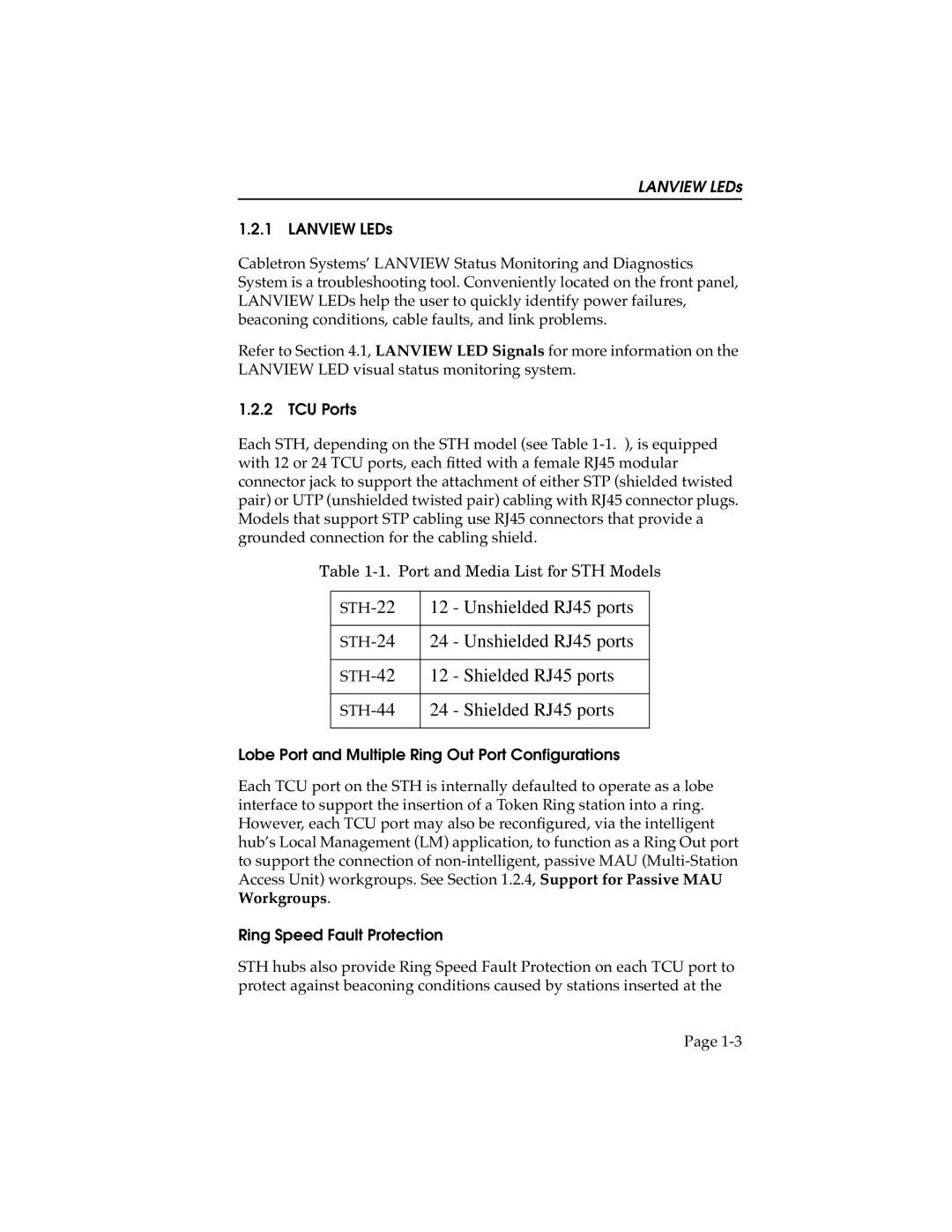 Cabletron Systems 24, STHI-44, STH-22, 42 manual Lanview LEDs, TCU Ports, Lobe Port and Multiple Ring Out Port Configurations 