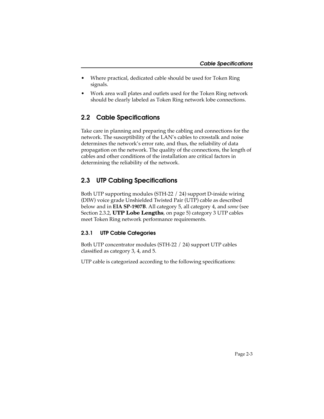 Cabletron Systems 42, STHI-44, STH-22, 24 manual Cable Specifications, UTP Cabling Specifications, UTP Cable Categories 