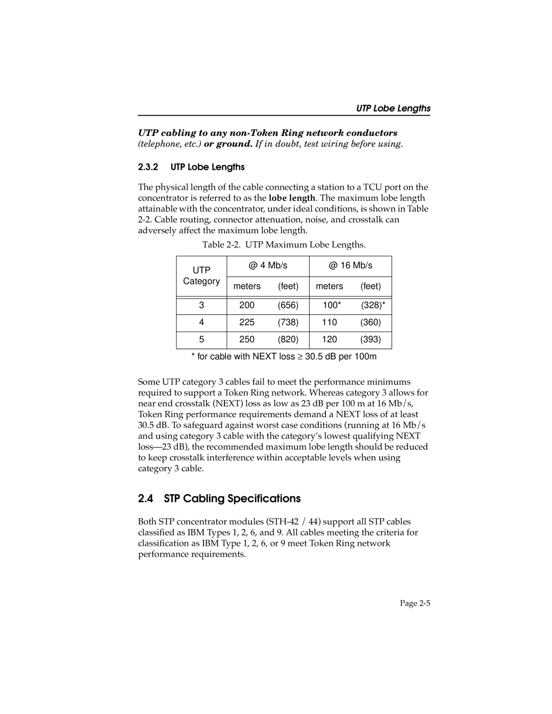 Cabletron Systems STHI-44, STH-22, 42, 24 manual STP Cabling Specifications, UTP Lobe Lengths 