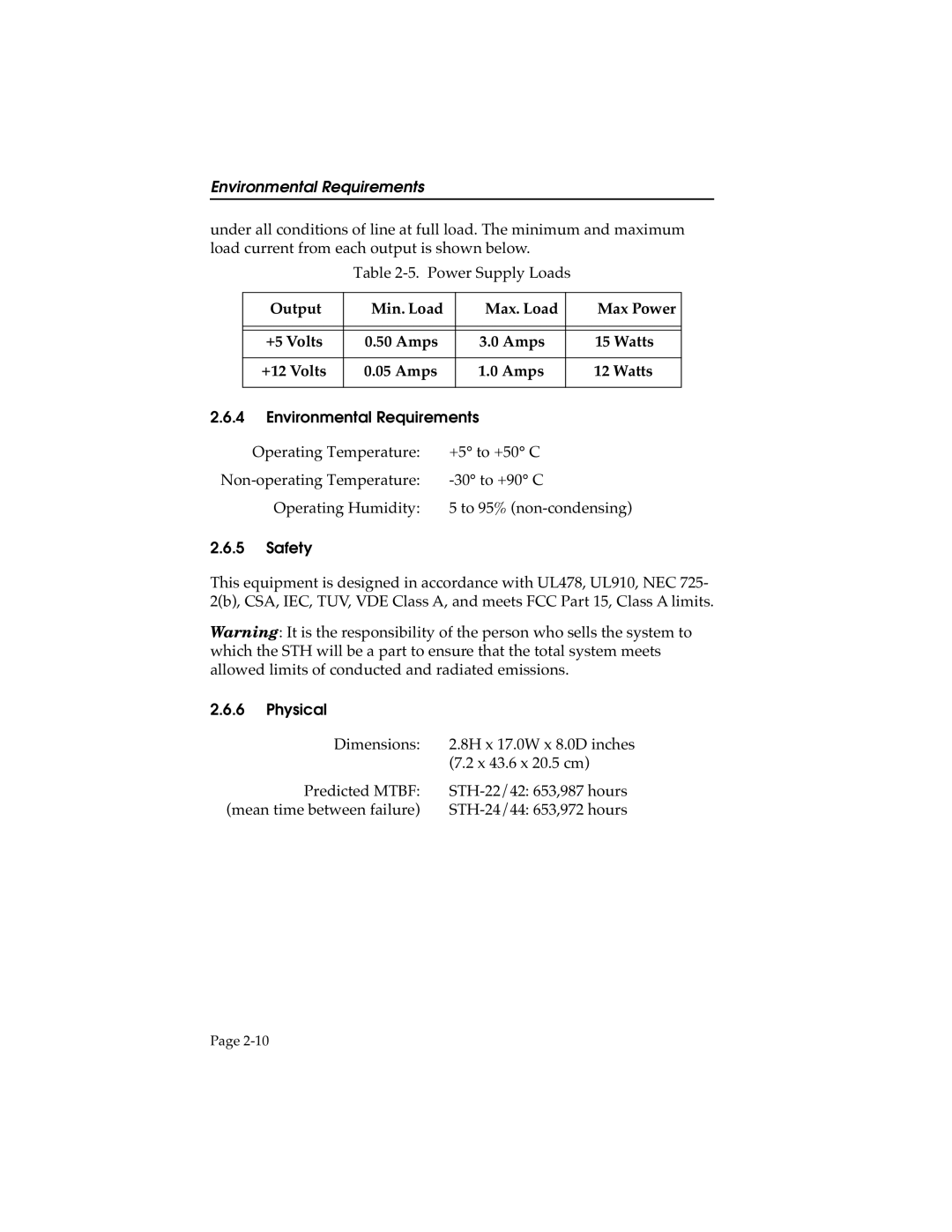 Cabletron Systems STH-22, STHI-44, 42, 24 manual Environmental Requirements, Safety, Physical 